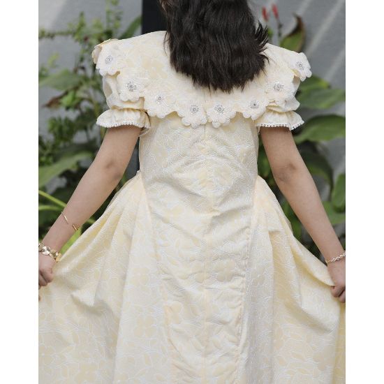 صورة فستان بناتي أصفر مشجر | ياقة وأزرار مرصعة بالفصوص - 1136